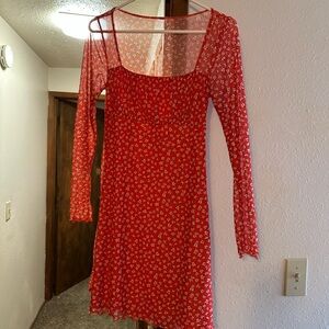 Orange Floral Sheer Long Sleeve Dress